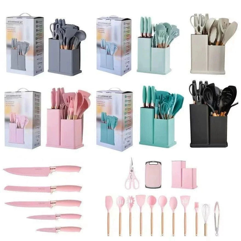 Kit Completo Jogo Utensílios de Cozinha Luxo 19 Peças Com Tábua em Silicone Espátula Faca Tesoura