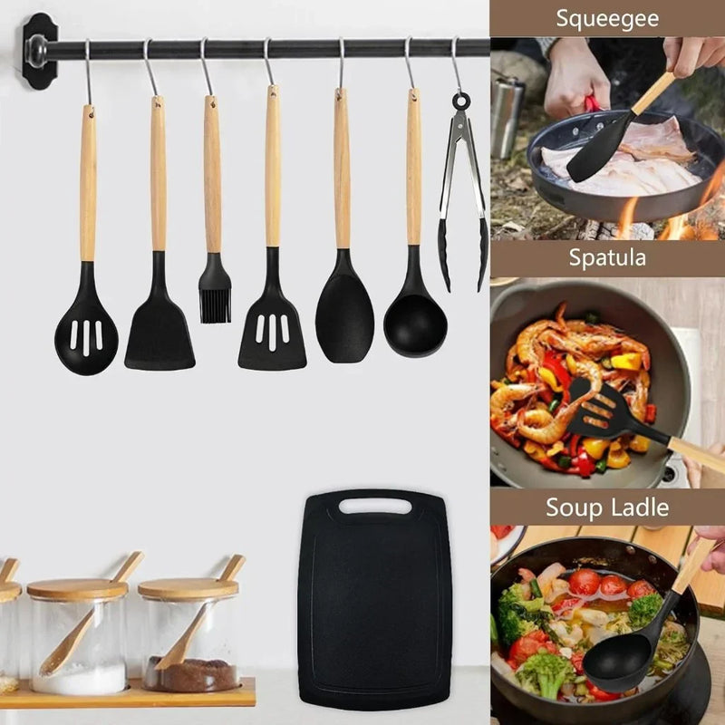 Kit Completo Jogo Utensílios de Cozinha Luxo 19 Peças Com Tábua em Silicone Espátula Faca Tesoura