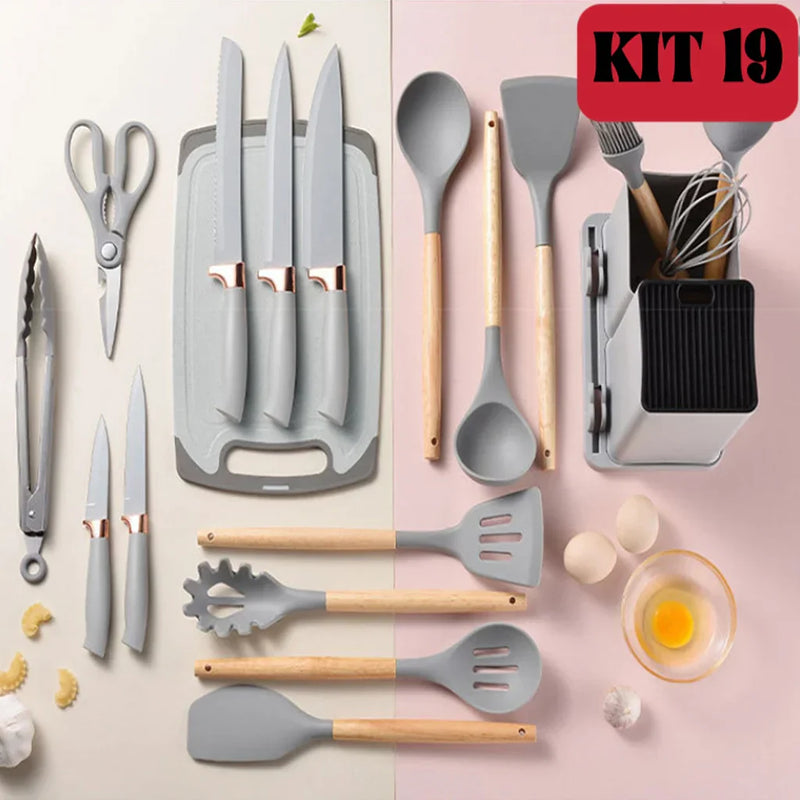 Kit Completo Jogo Utensílios de Cozinha Luxo 19 Peças Com Tábua em Silicone Espátula Faca Tesoura