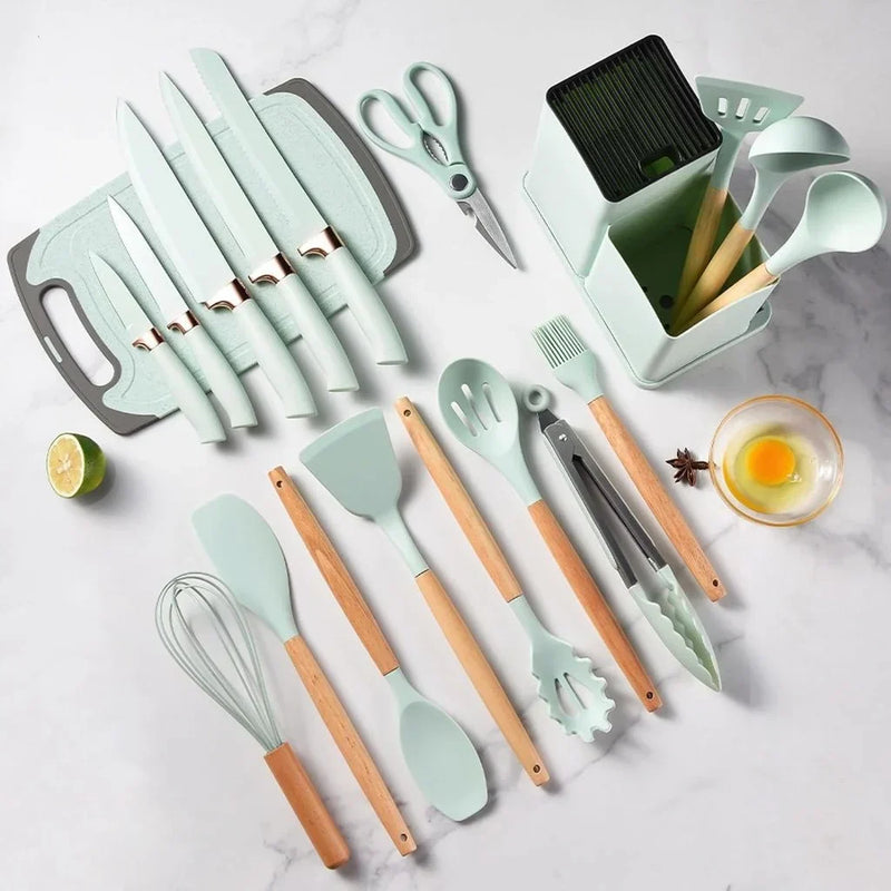 Kit Completo Jogo Utensílios de Cozinha Luxo 19 Peças Com Tábua em Silicone Espátula Faca Tesoura