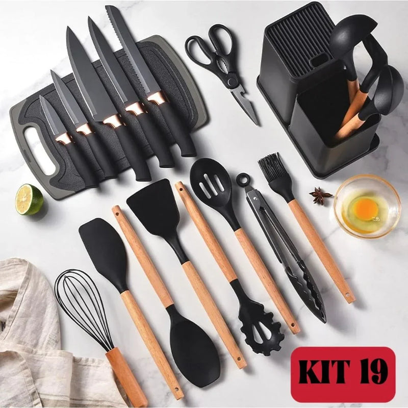 Kit Completo Jogo Utensílios de Cozinha Luxo 19 Peças Com Tábua em Silicone Espátula Faca Tesoura