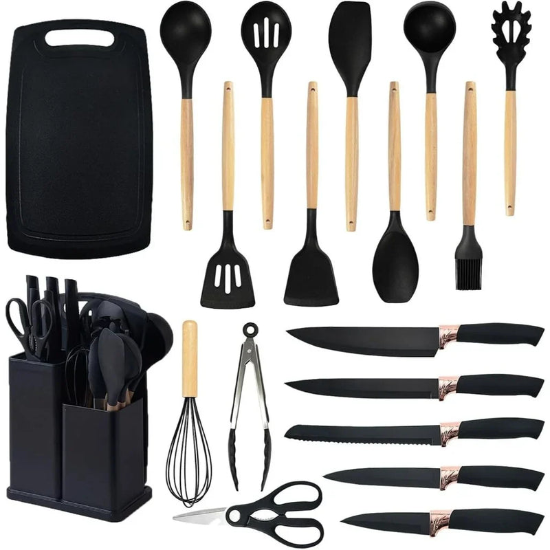 Kit Completo Jogo Utensílios de Cozinha Luxo 19 Peças Com Tábua em Silicone Espátula Faca Tesoura