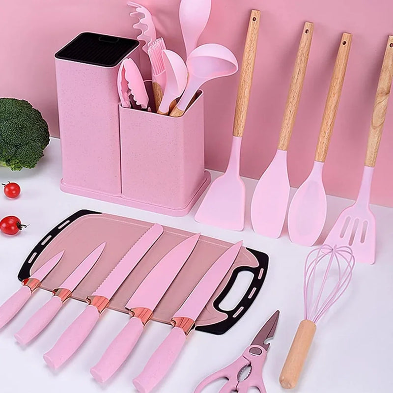 Kit Completo Jogo Utensílios de Cozinha Luxo 19 Peças Com Tábua em Silicone Espátula Faca Tesoura